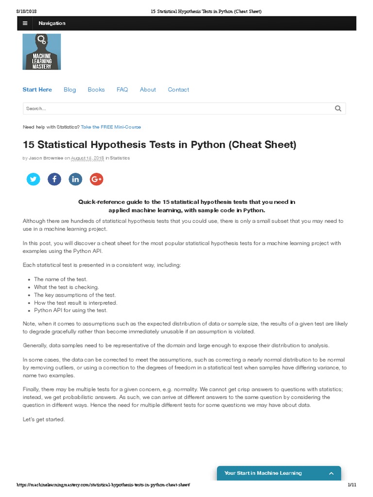 15 Statistical Hypothesis Tests in Python (Cheat Sheet) PDF Student's T Test Statistical