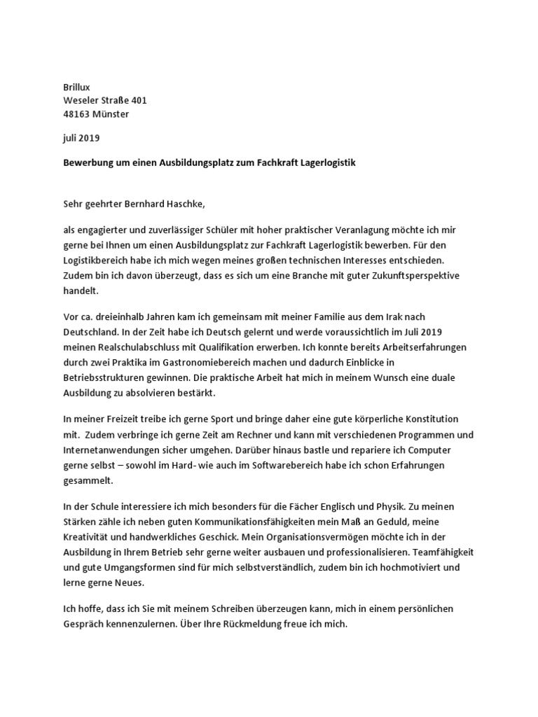 Bewerbung Um Einen Ausbildungsplatz Zum Fachkraft Lagerlogistik