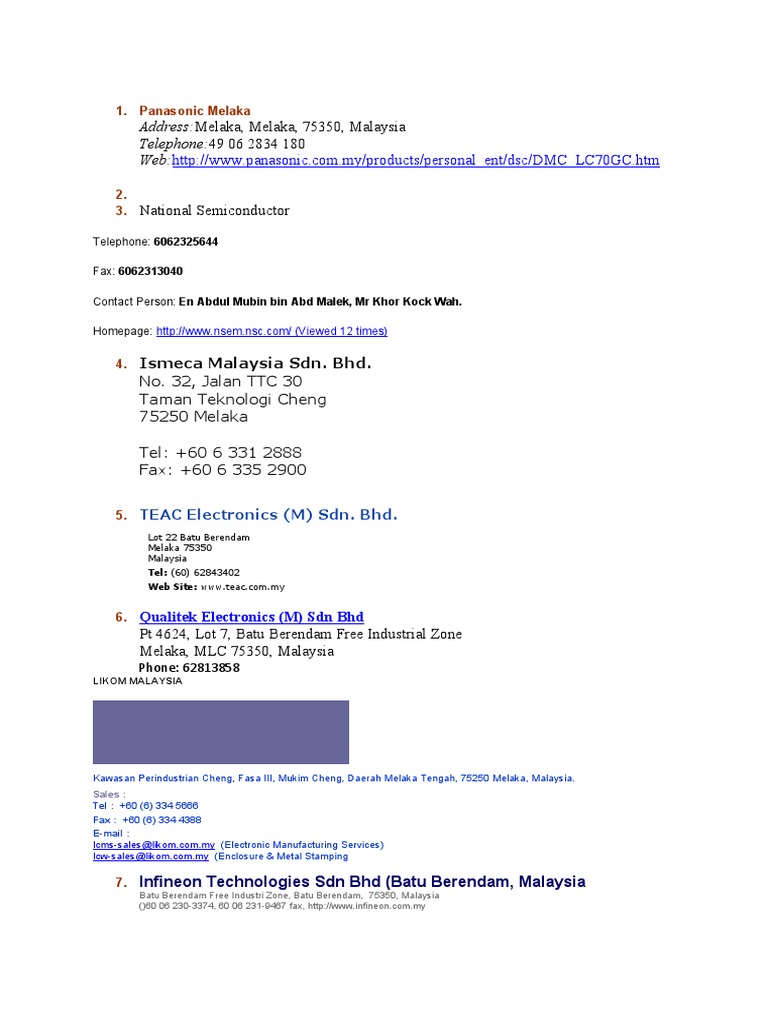 List Of Melaka Companies Telecommunications Electronics
