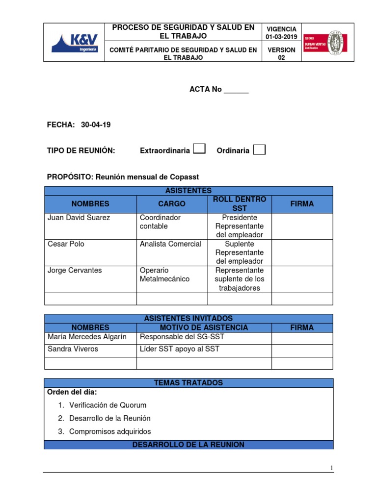 Acta de Reunión del COPASST - Abril 2019 | PDF | Perforar | Alimentos