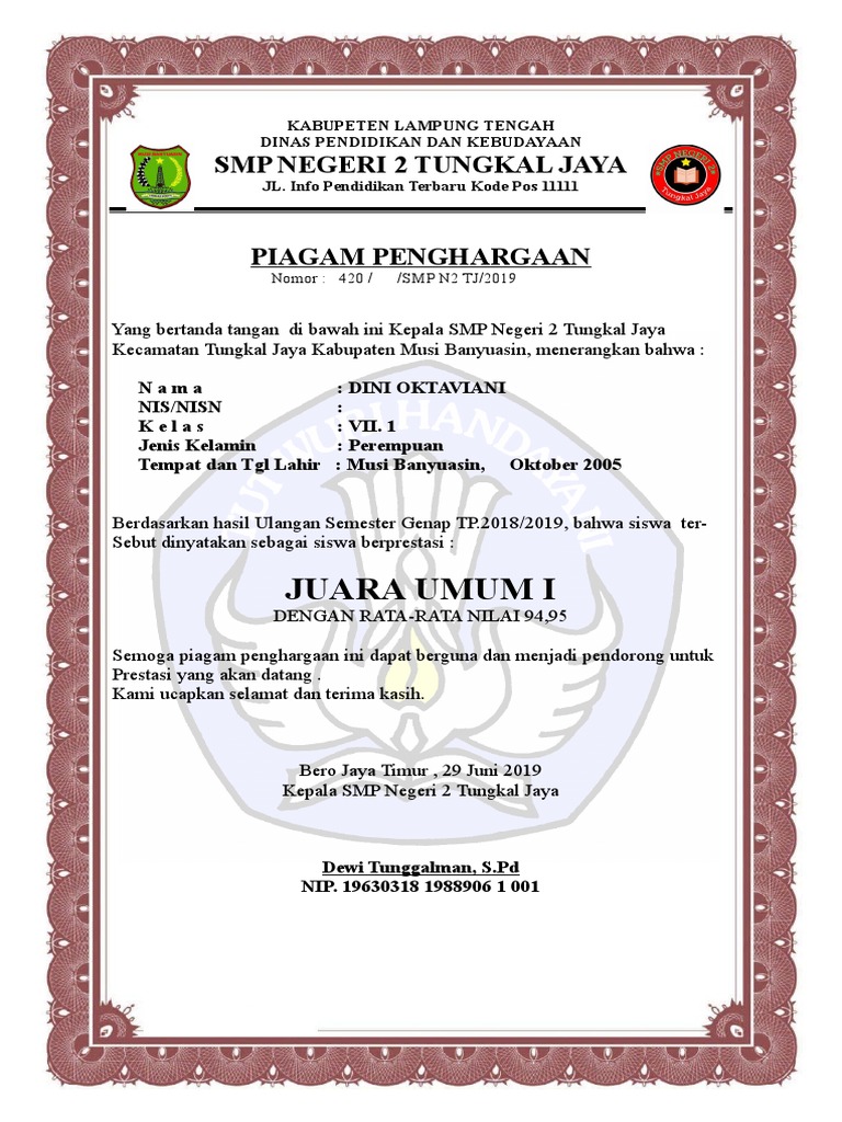Piagam Siswa Berprestasi