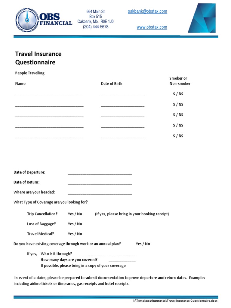 Travel Insurance Questionnaire PDF Atrium (Heart) Cancer
