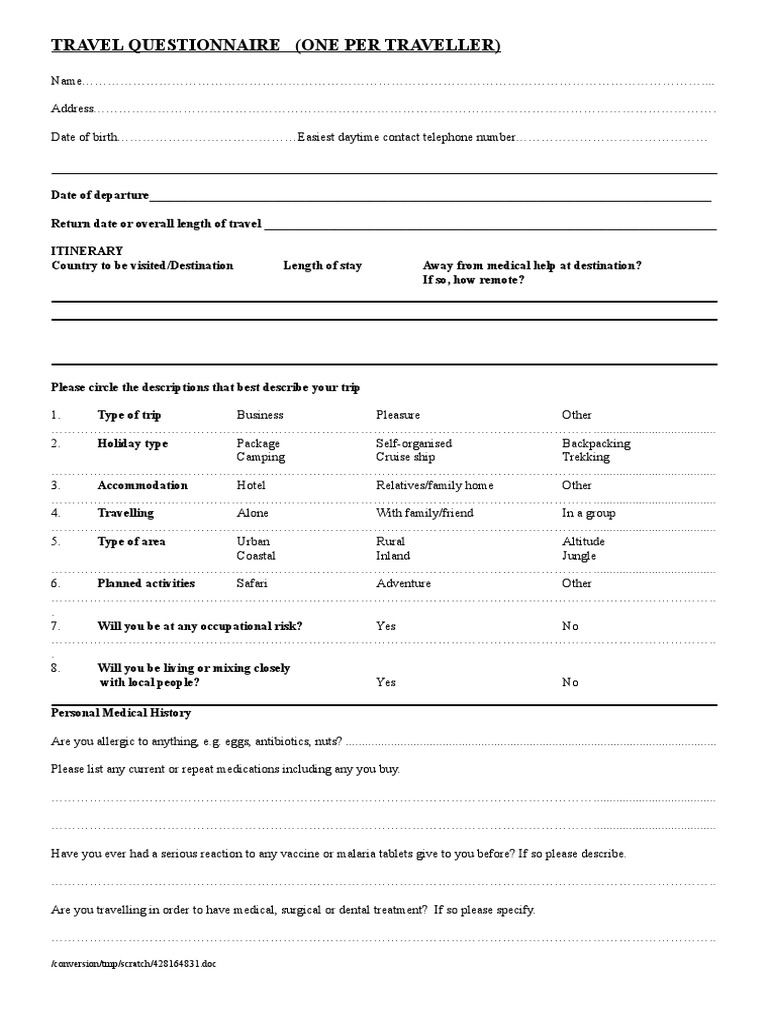 Comprehensive Travel Health Questionnaire | PDF | Vaccines | Rtt