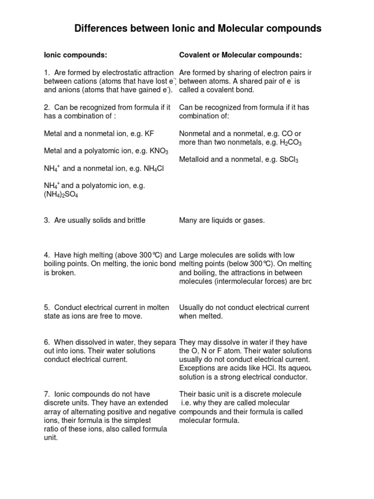 Ionic Vs Molecular | PDF | Science & Mathematics