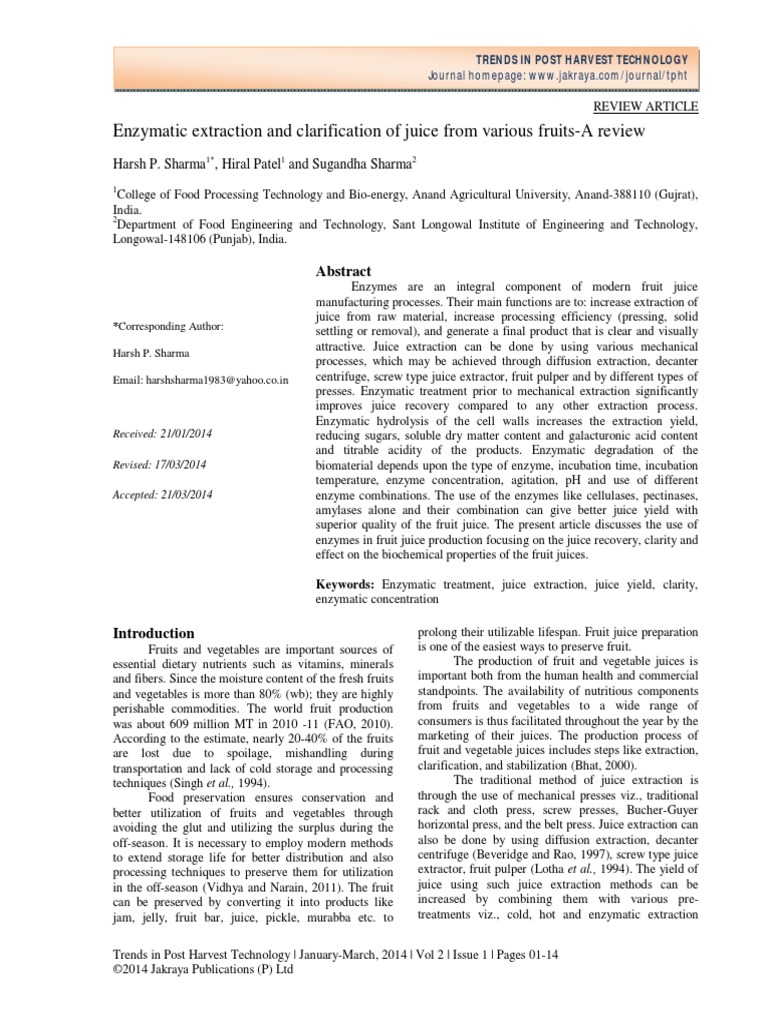 Enzymatic Extraction and Clarification of Juice From Various FruitsA
