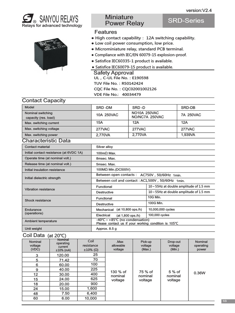 SRD Relay Specifications and Diagrams | PDF | Relay | Printed Circuit Board