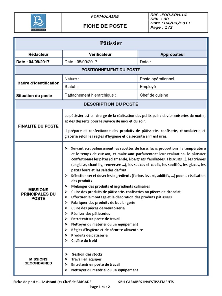 fiche de poste patissier desserts preparation de nourriture  de