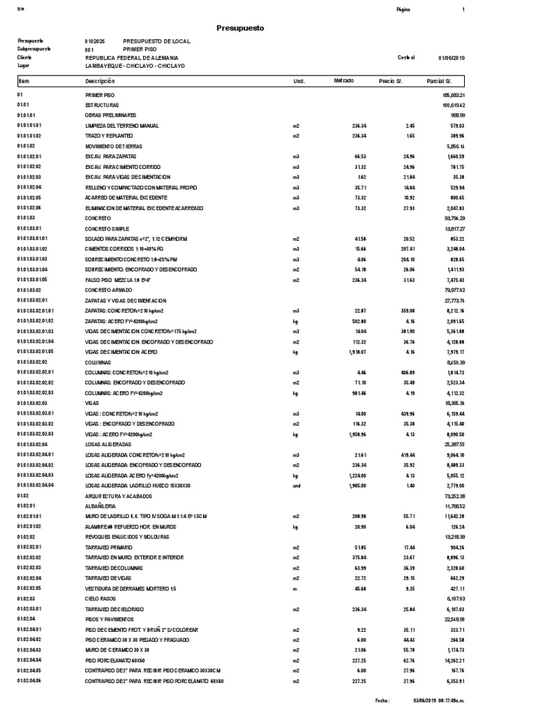 Modelo de Presupuesto S10 | PDF | Ingeniería de Edificación | edificio