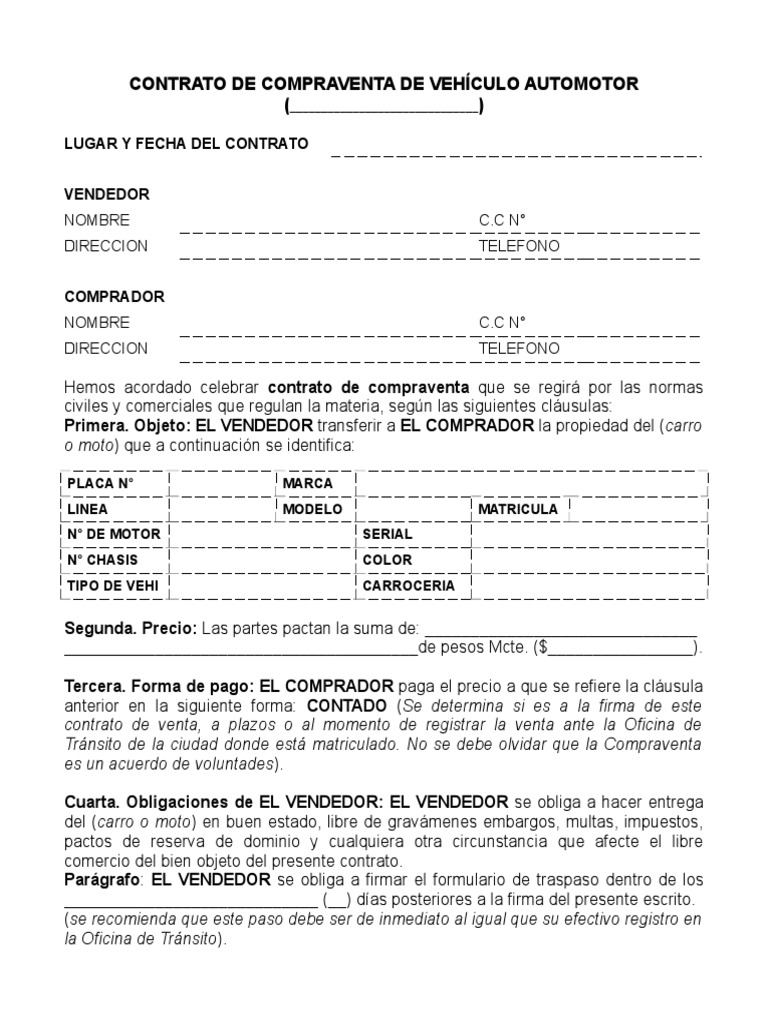 CONTRATO de COMPRAVENTA Para Imprimir Sin Tipo d Vehiculo