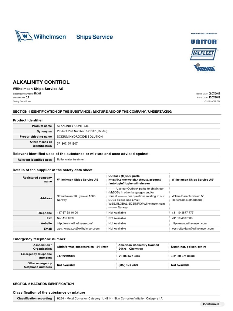 Alkalinity Control Safety Data Sheet | PDF | Chlorine | Firefighting