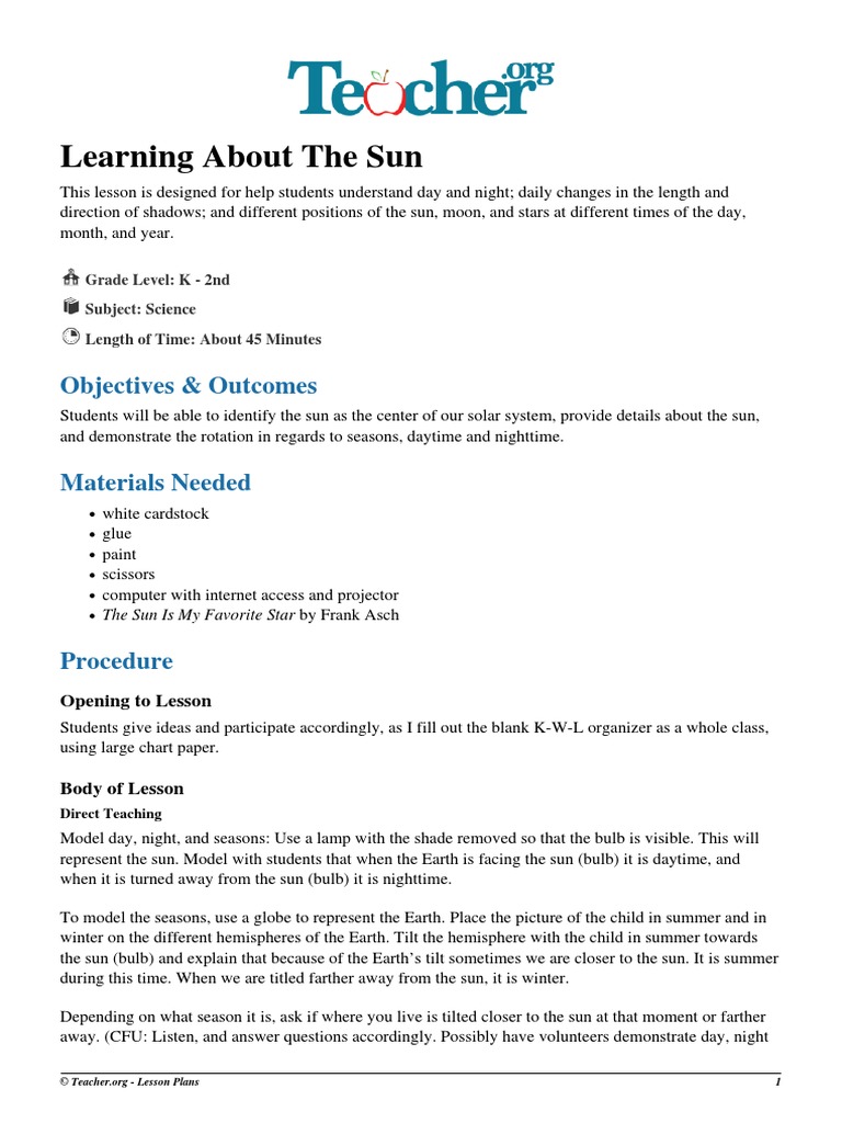Lesson Plan Lnpdf Sun Solar System