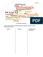 Personality Vocabulary Positive Negative Worksheet PDF