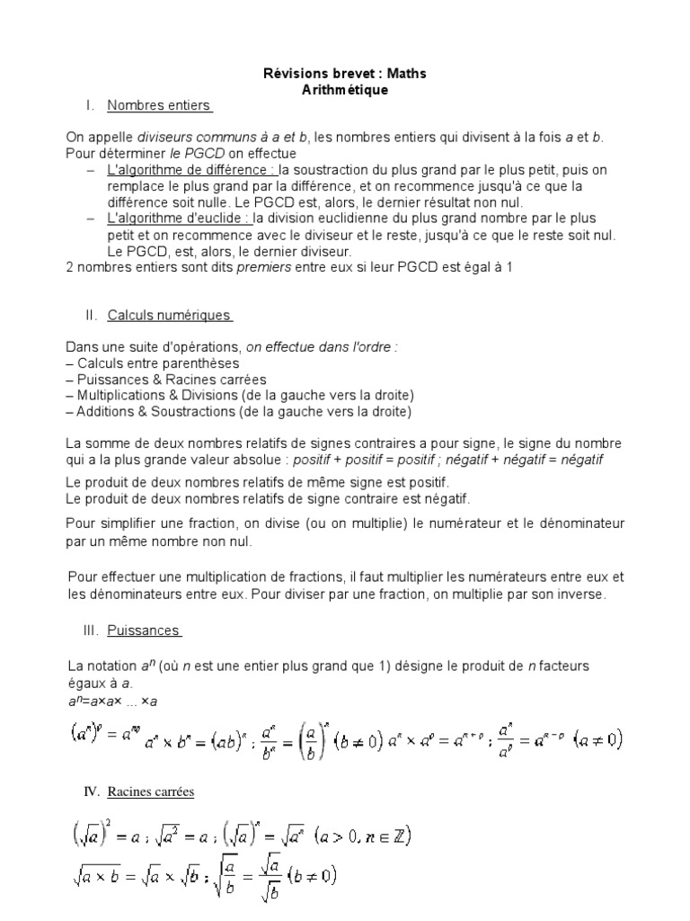 Brevet 3° - Mathématiques, Fiche de Révision | PDF | Triangle | Nombre