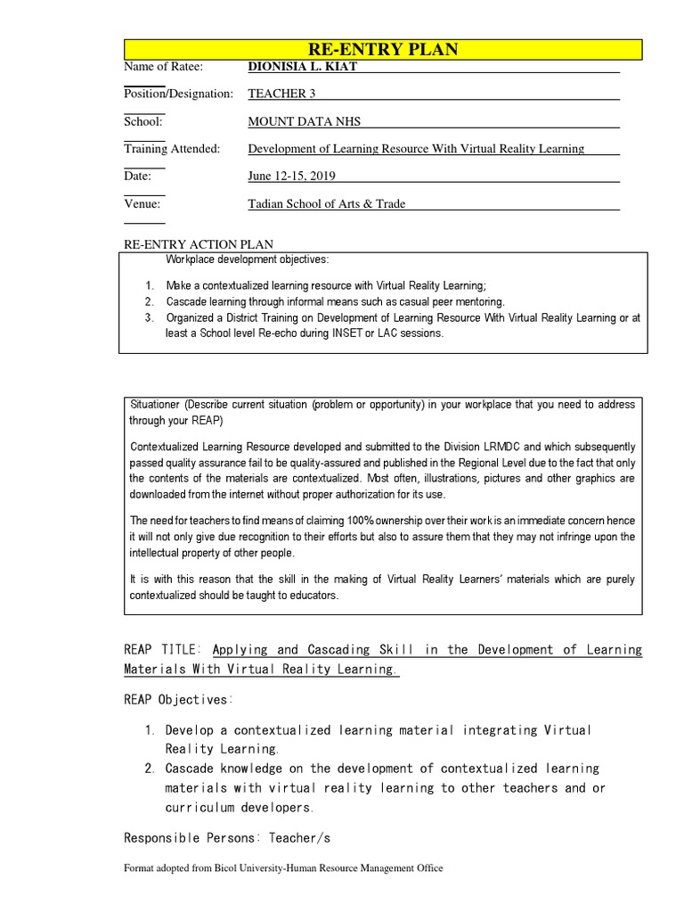 Re entry action plan pdf educational psychology learning