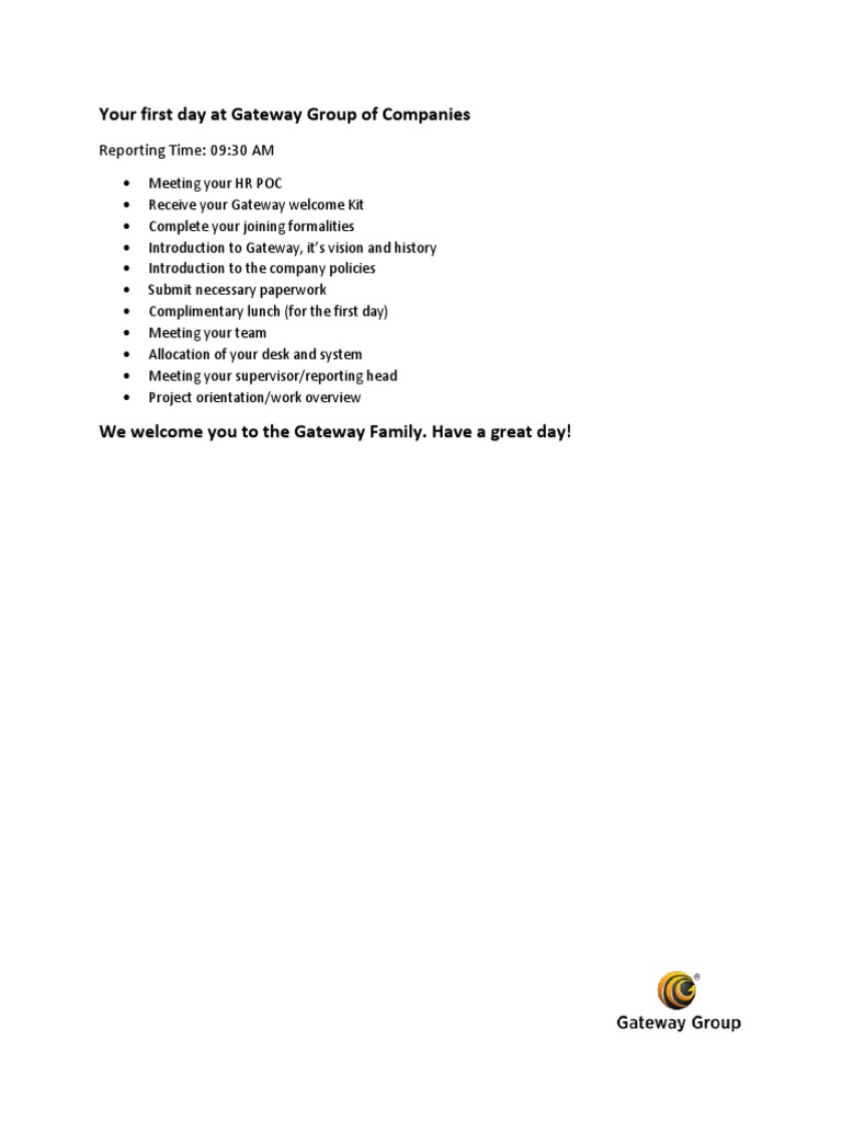 First Day Guide at Gateway Group | PDF | Career & Growth