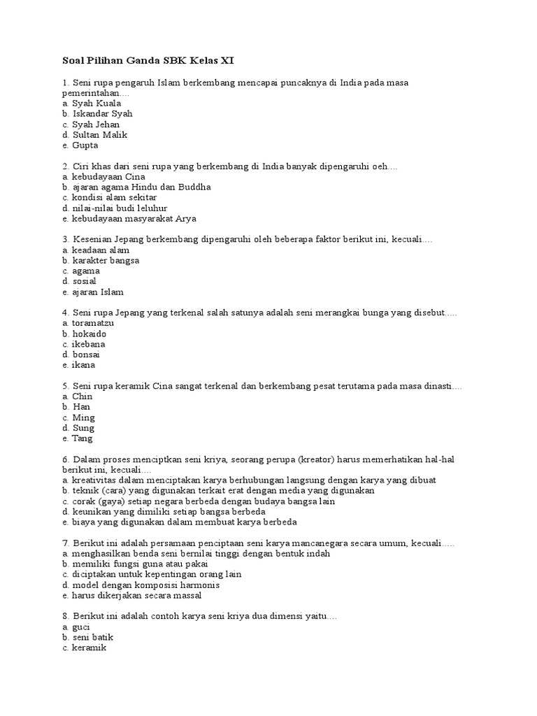 Soal Pilihan Ganda Sbk Kelas Xi