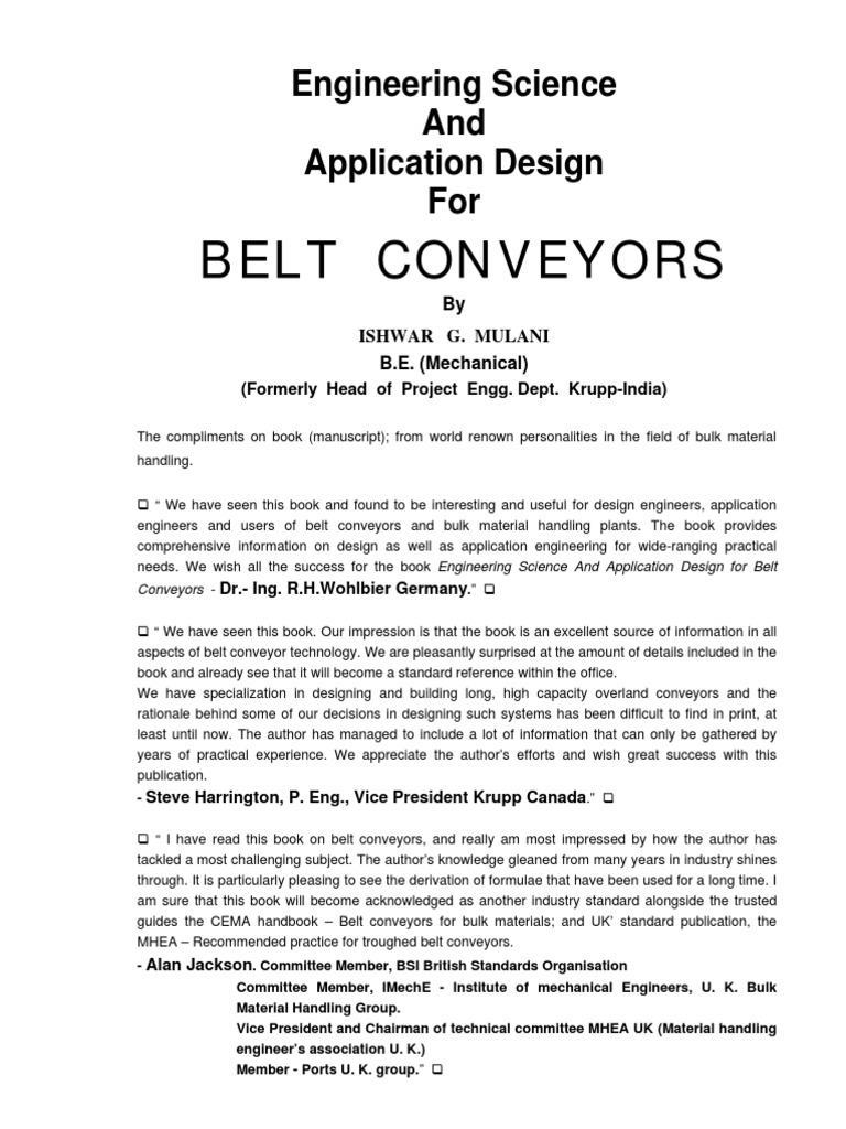 Belt Conveyors: Engineering Science and Application Design For | PDF ...