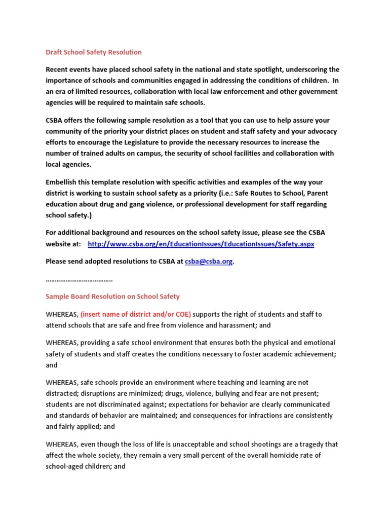 School Safety Resolution Template | PDF | Emergency Management | Child ...