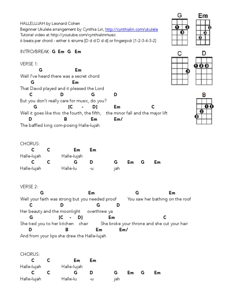 HALLELUJAH in Key of G - Ukulele Chord Chart PDF | PDF | Song Structure |  Musical Compositions