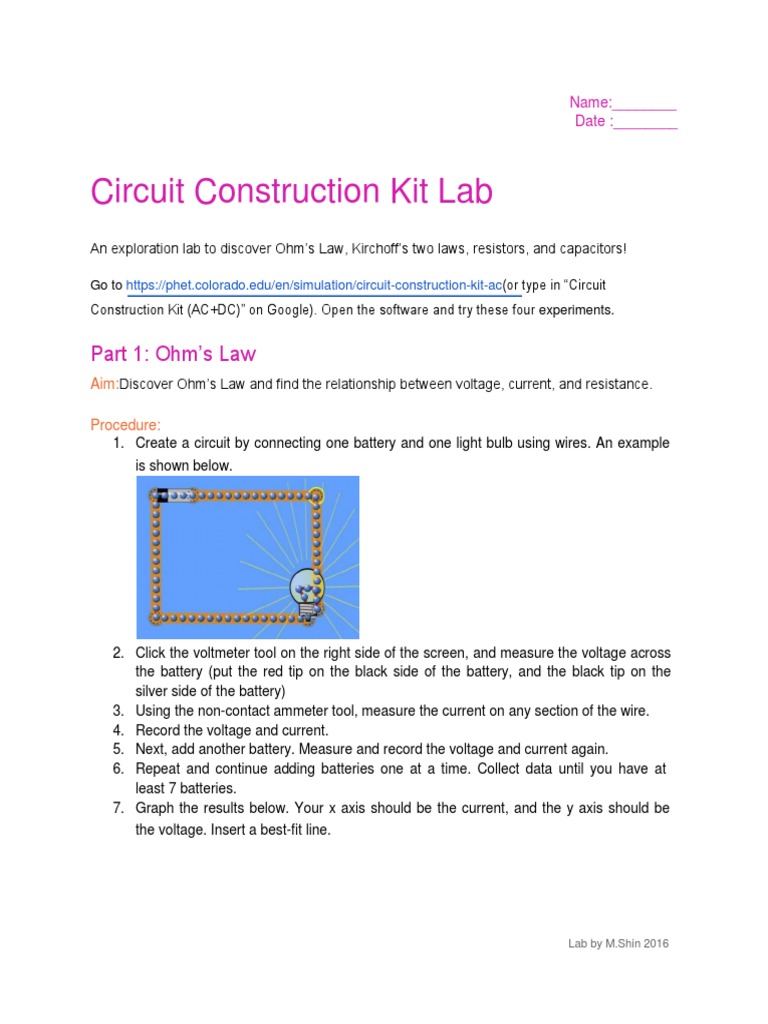 Circuit Construction Kit Lab Part 1 Ohm's Law PDF Series And