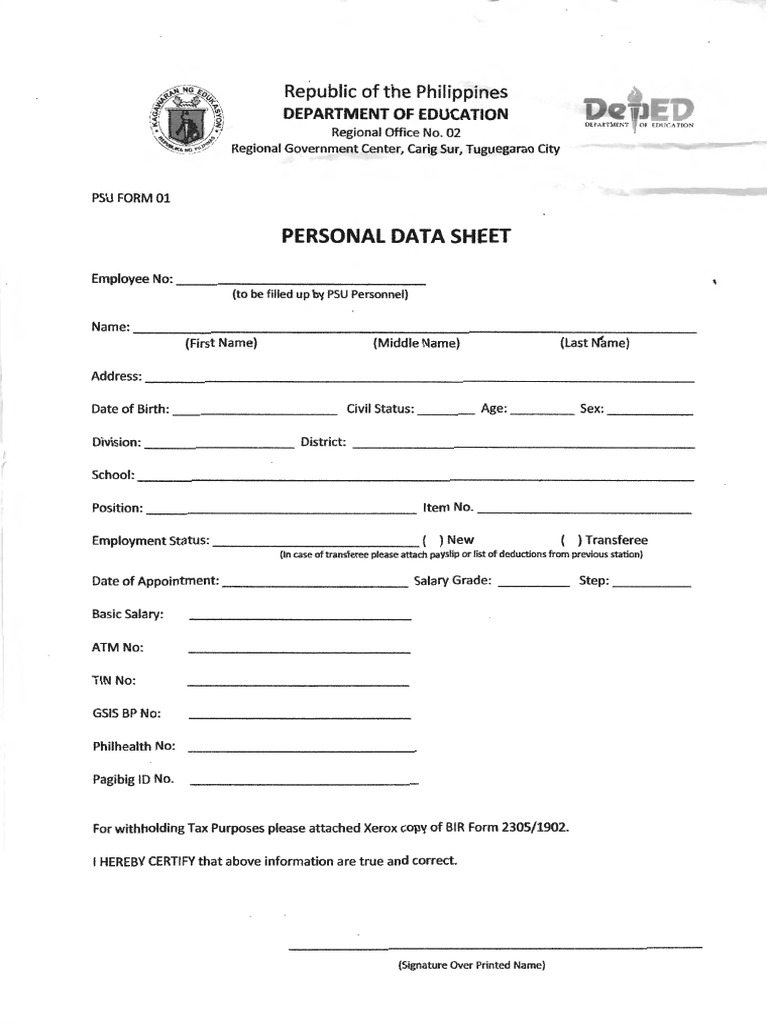 Personal Data Sheet Republic of The Philippines PDF