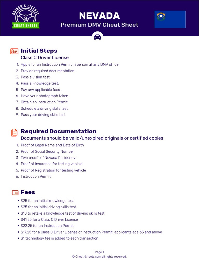 Dmv Cheat Sheet Nevada en Car Premium | Traffic | Traffic Light