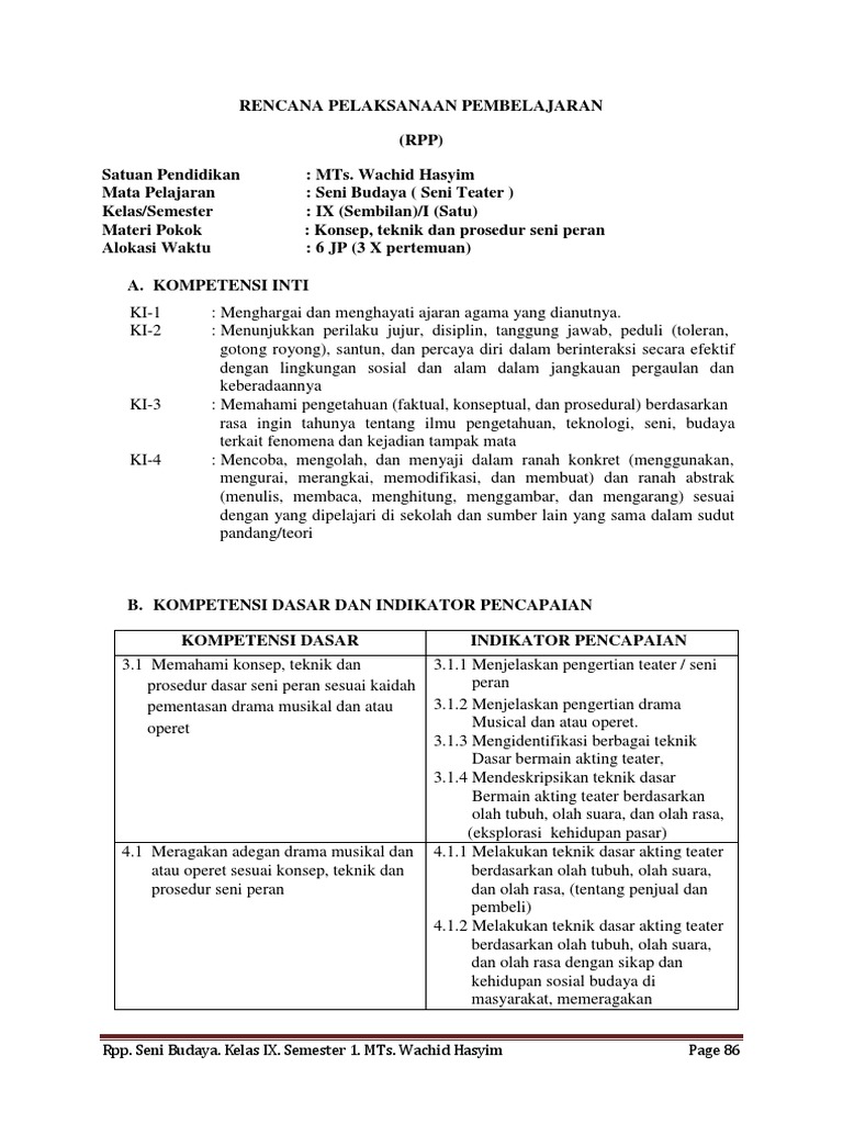 Rpp K 13 Kelas 9 Kd 3 1 Seni Teater