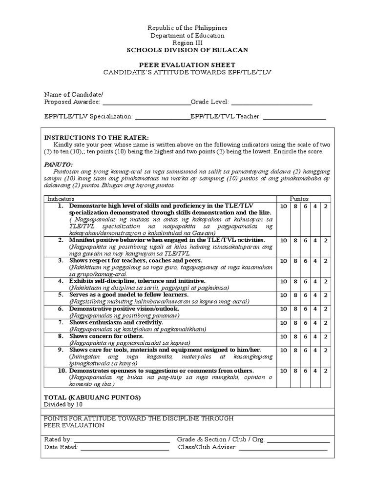 TLE Peer Evaluation Sheet | PDF | Education Theory | Behavioural Sciences