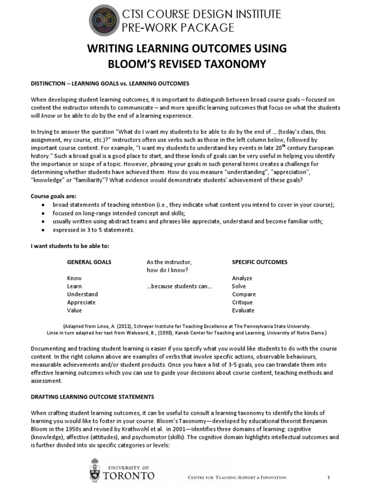 Learning Outcomes Using Blooms Taxonomy Pdf Pdf Learning Knowledge