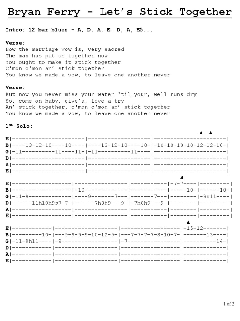 Bryan Ferry Let S Stick Together Guitar Tab Song Structure Rock Music