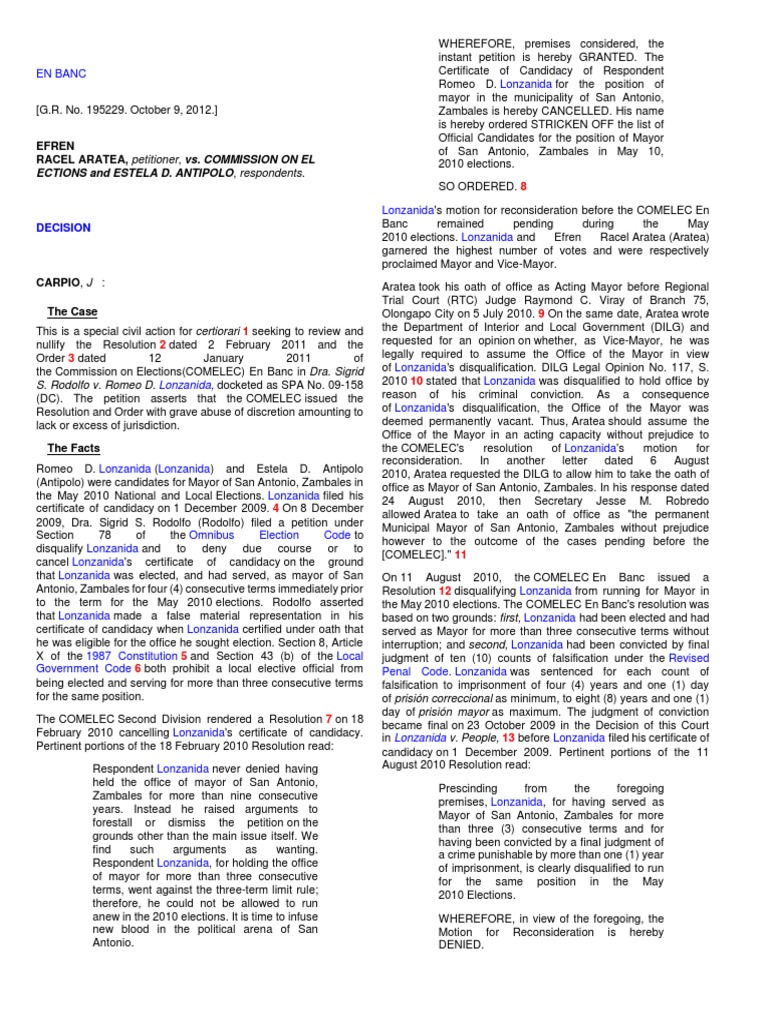 Lonzanida Disqualification Case Summary | PDF | Sentence (Law) | Crime ...
