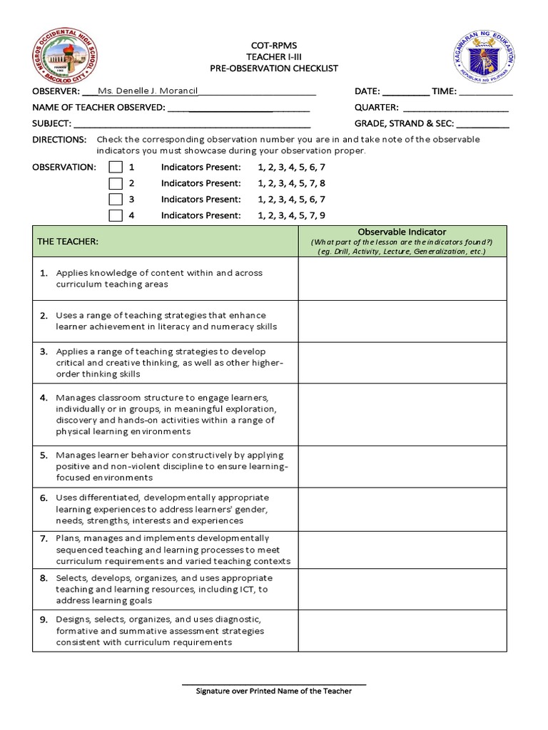COT RPMS TI III Pre Observation Checklist PDF Curriculum Neuropsychological Assessment