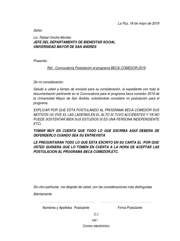 Carta de Postulacion Al Programa Beca Comedor2019 | PDF
