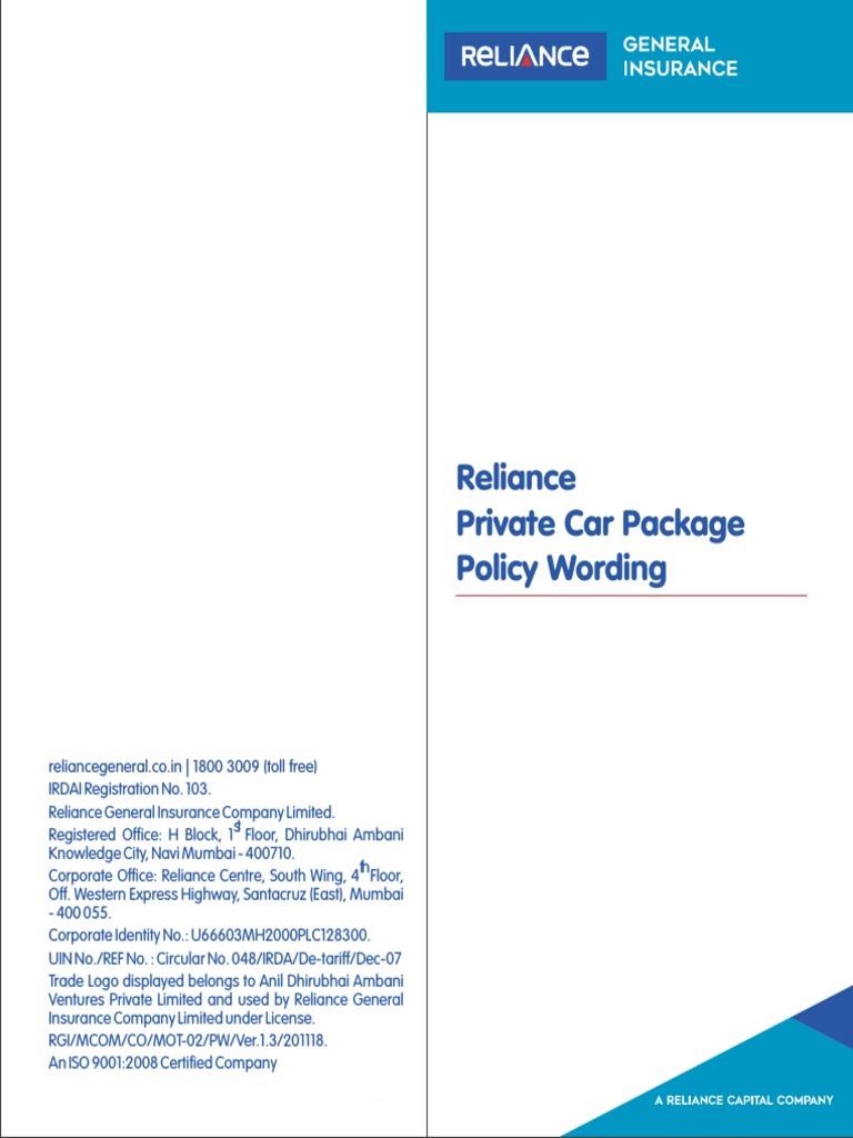 Reliance Private Car Policy Details | PDF | Indemnity | Insurance