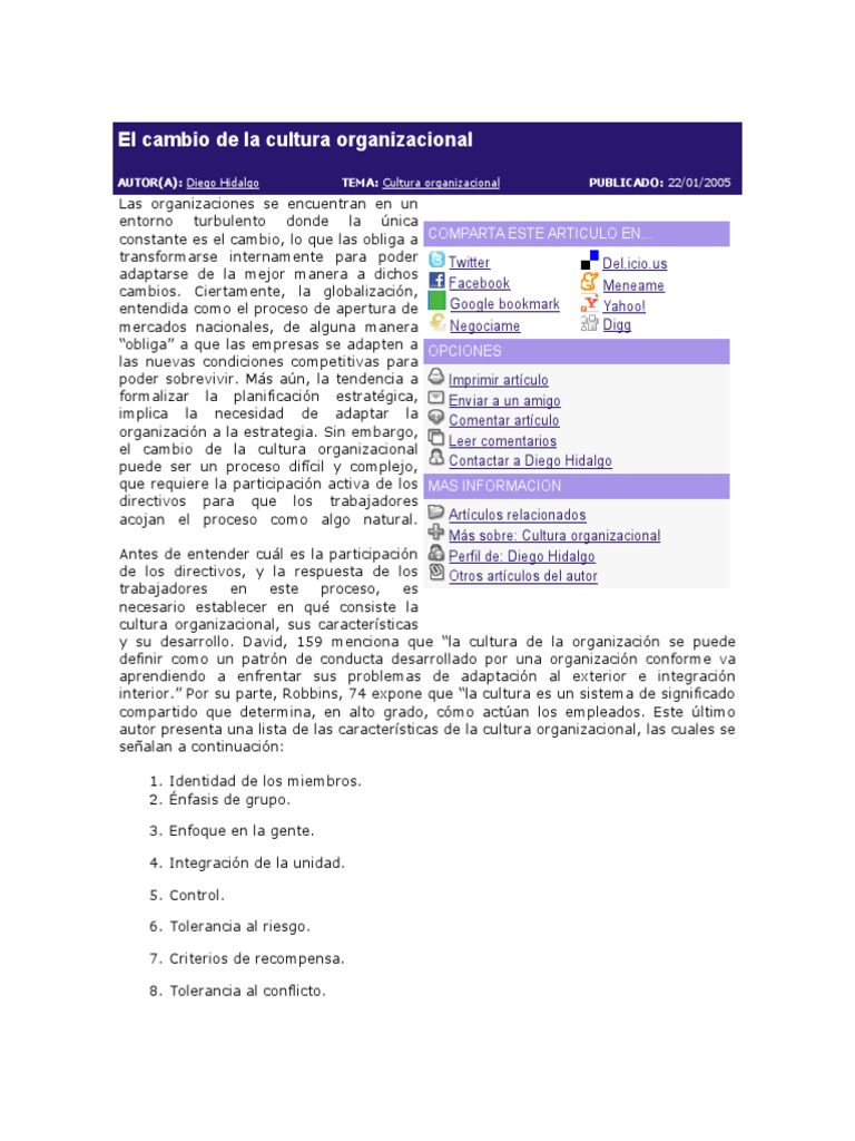 El Cambio de La Cultura Organizacional | PDF | Division de trabajo ...