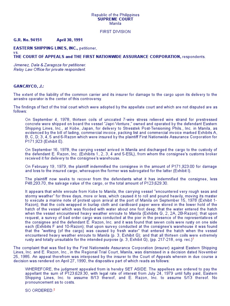Liability of Common Carriers and Their Insurers for Damage to Cargo