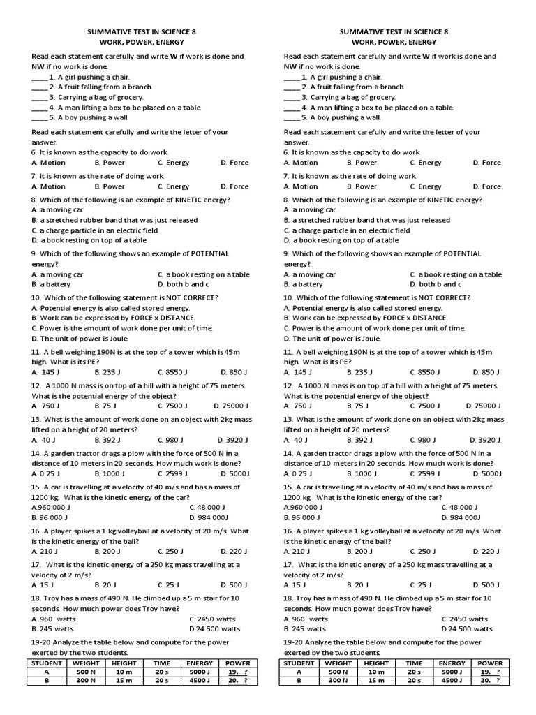 Summative Test in Science 8 Module 2 | PDF | Potential Energy | Force