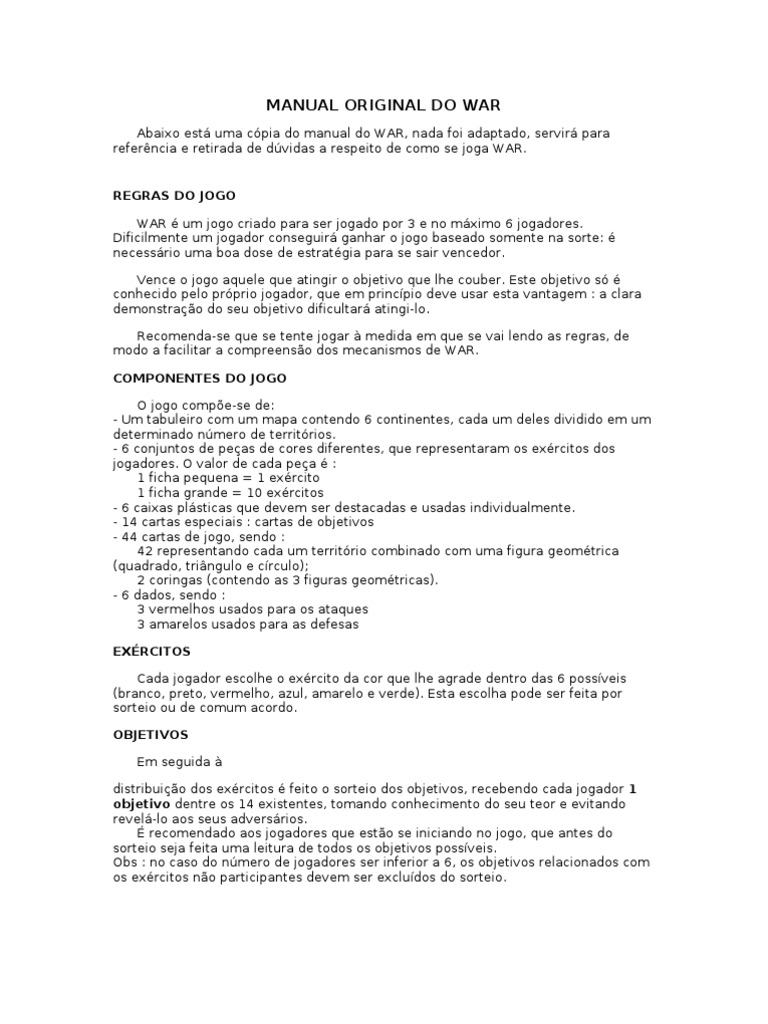 Regras do Jogo War: Edição Especial | PDF | Lazer