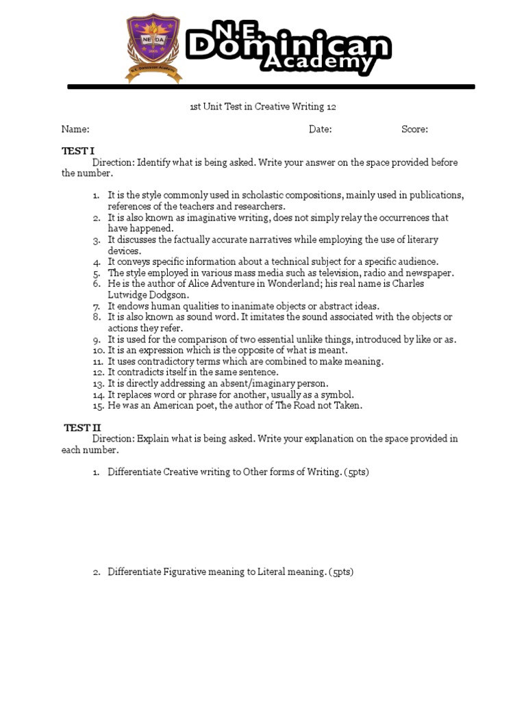 Creative Writing Unit Test 12 | PDF | Poetry | Human Communication