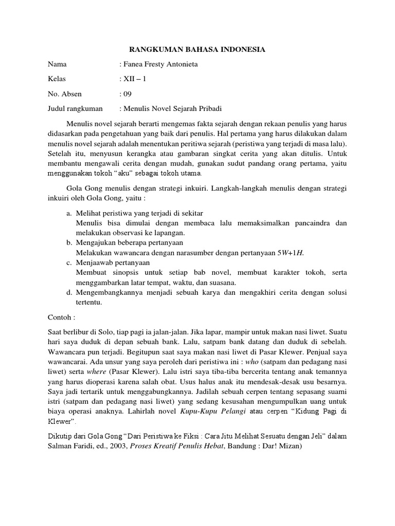 Rangkuman Novel Sejarah Pribadi