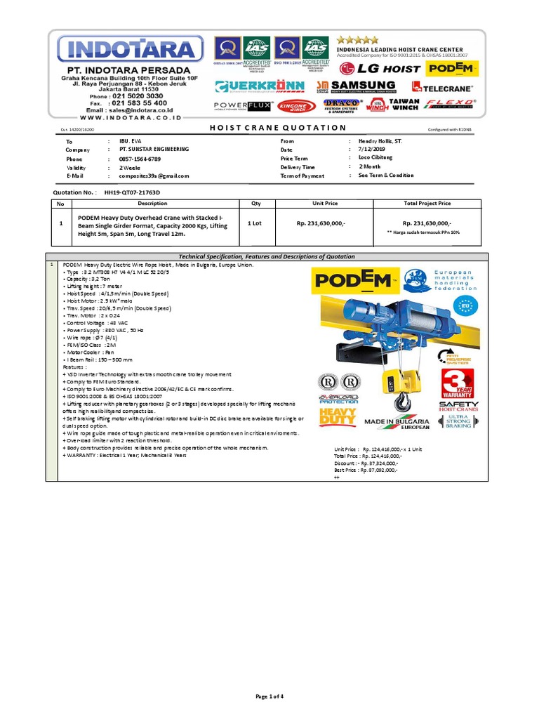 Hoistcrane Quotation HH19QT0721763D Quotation No. PDF Electric Motor Alternating Current
