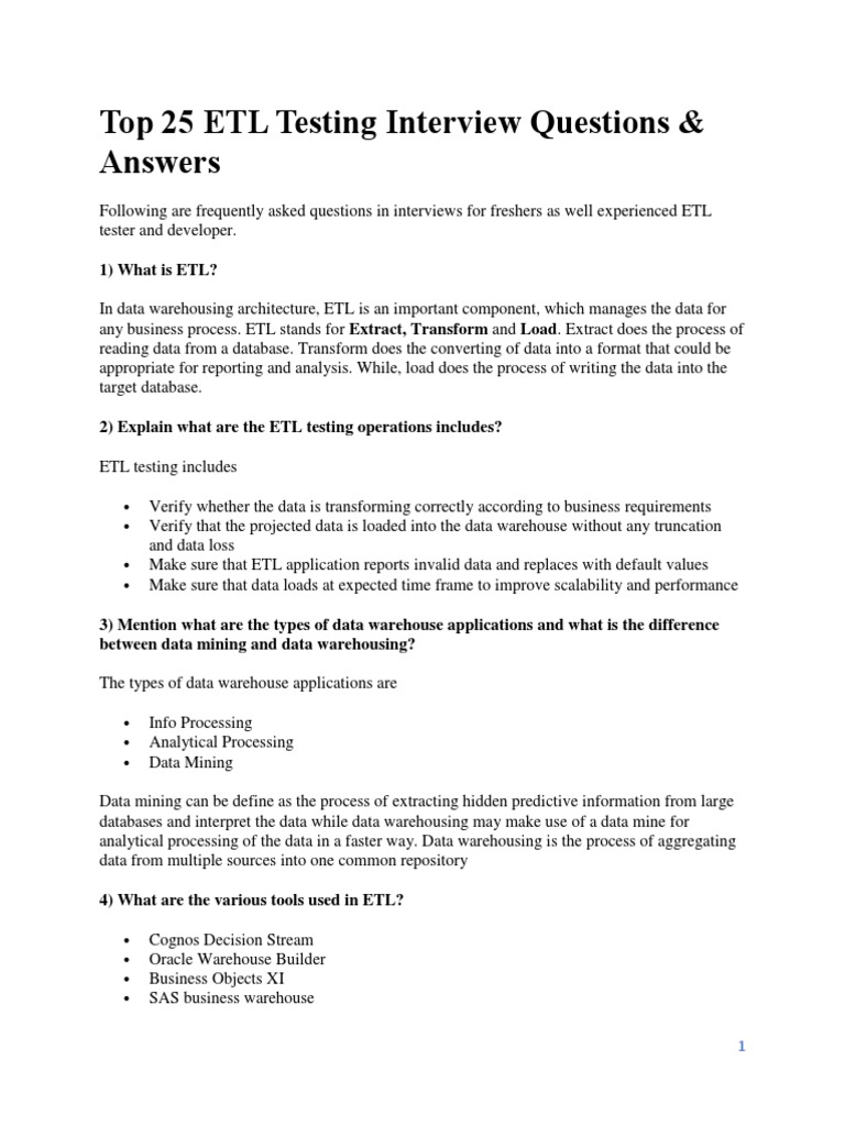 ETL Testing Interview Questions PDF Business Intelligence Cloud