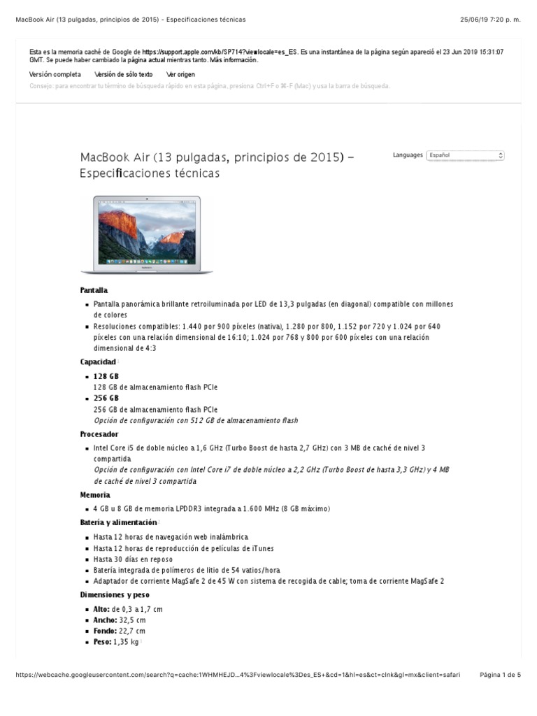 macbook air 13 pulgadas principios de 2015 especificaciones técnicas