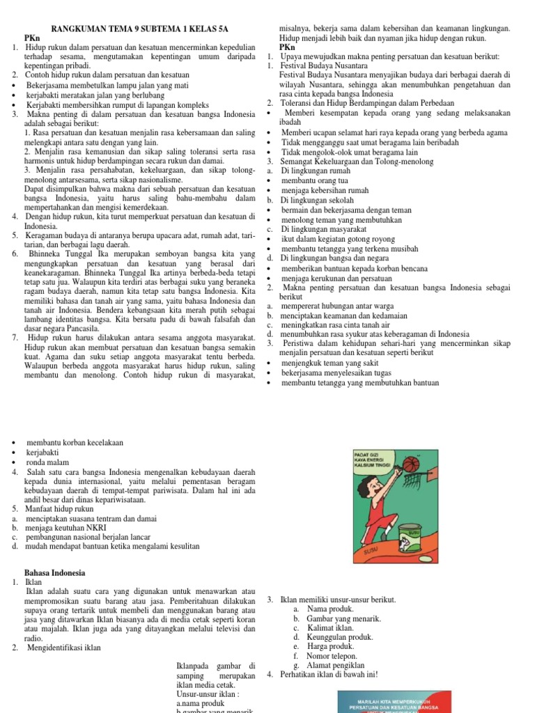 Rangkuman Tema 9 Subtema 1 Kelas 5a Pdf