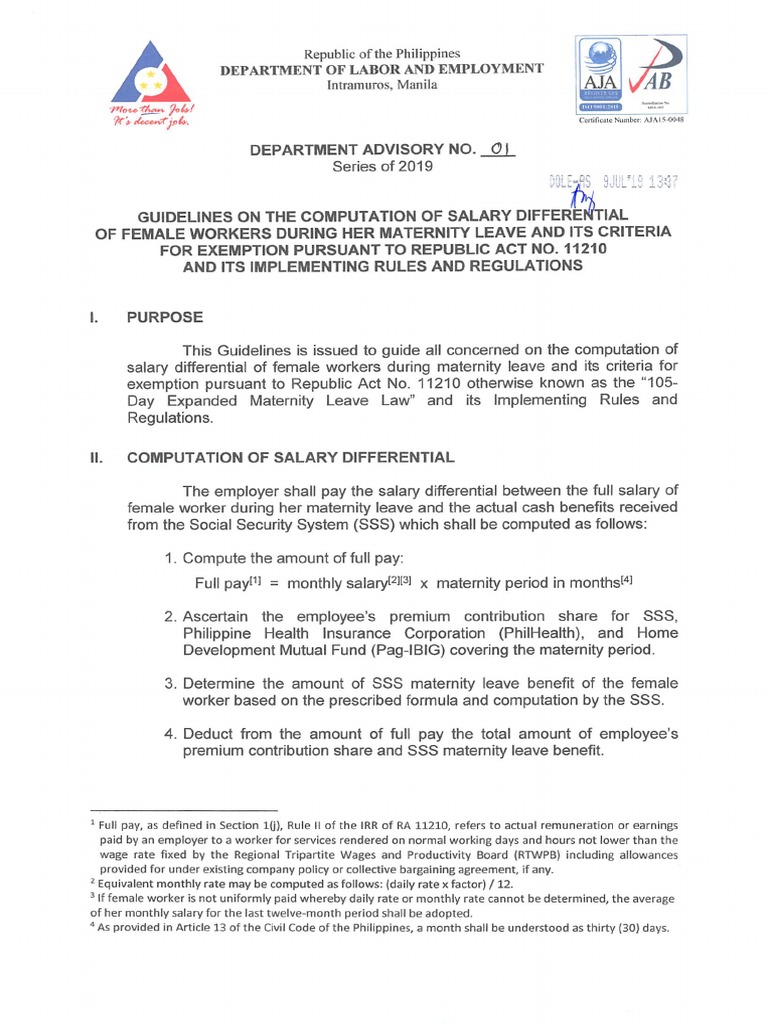 DA 01 19 Guidelines On The Computation of Salary Differential of Female  Workers During Her Maternity | PDF