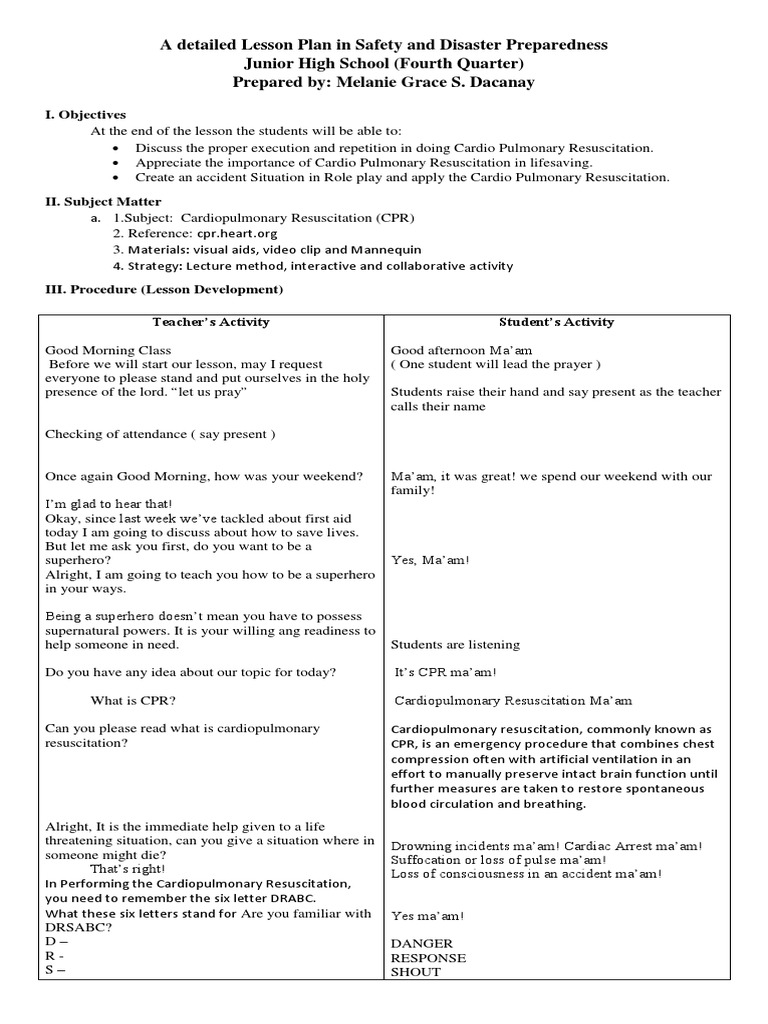CPR Lesson Plan for Junior High | PDF | Medical Emergencies ...