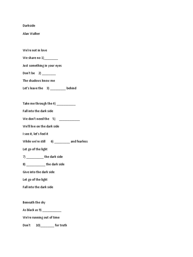 Alan Walker Darkside Worksheet