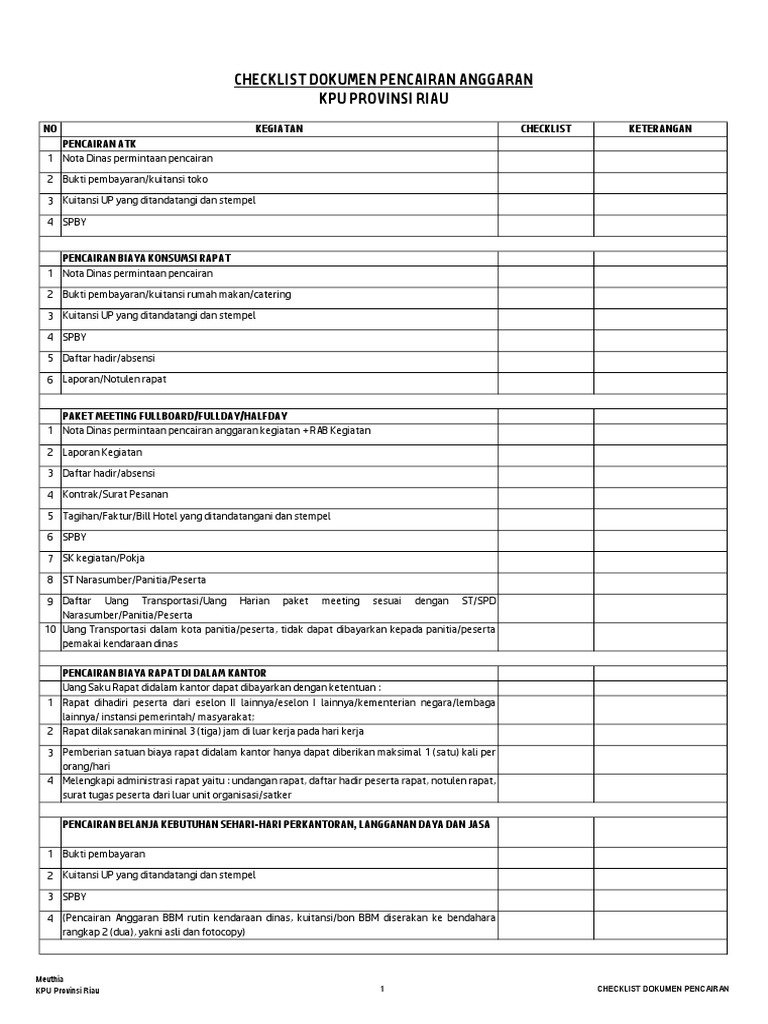 Checklist Dokumen Pencairan Anggaran | PDF