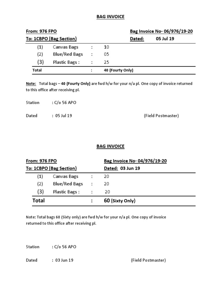 Bag Invoice Summary for 976 FPO | PDF
