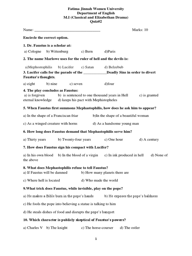 MCQ Quiz Elizabethan Drama | PDF